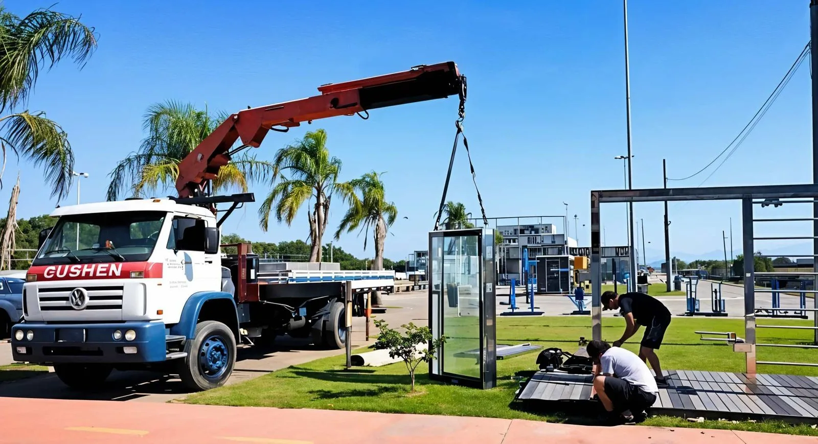 Caminhão munck da Gushen posicionando uma estrutura de vidro enquanto a equipe fixa a base no chão.