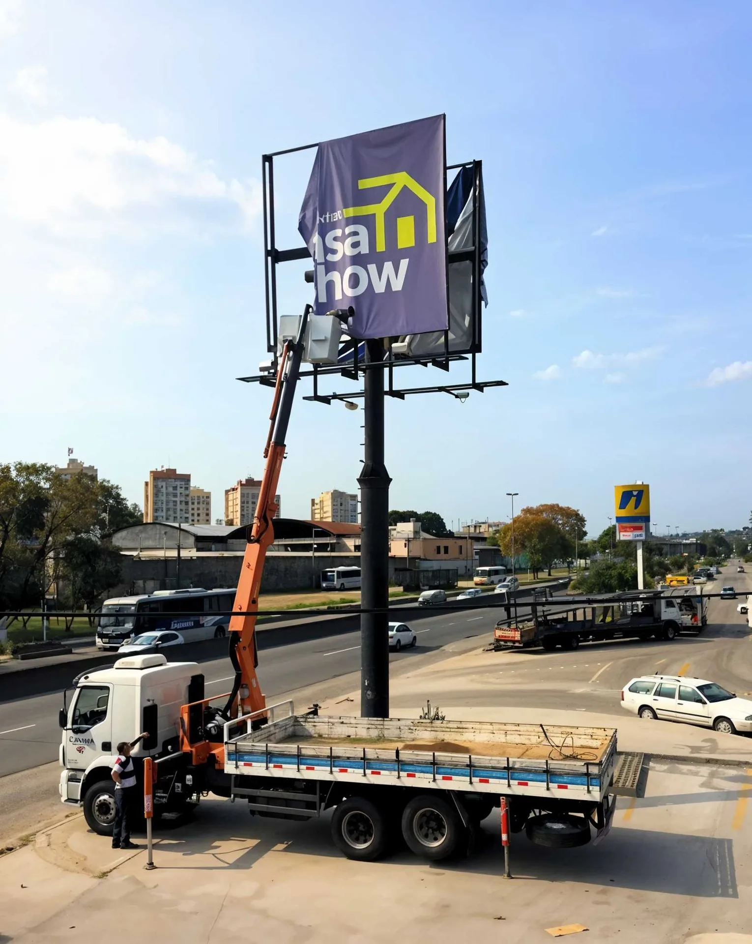 Caminhão munck posicionado junto à estrutura metálica de um painel publicitário à beira de uma avenida.